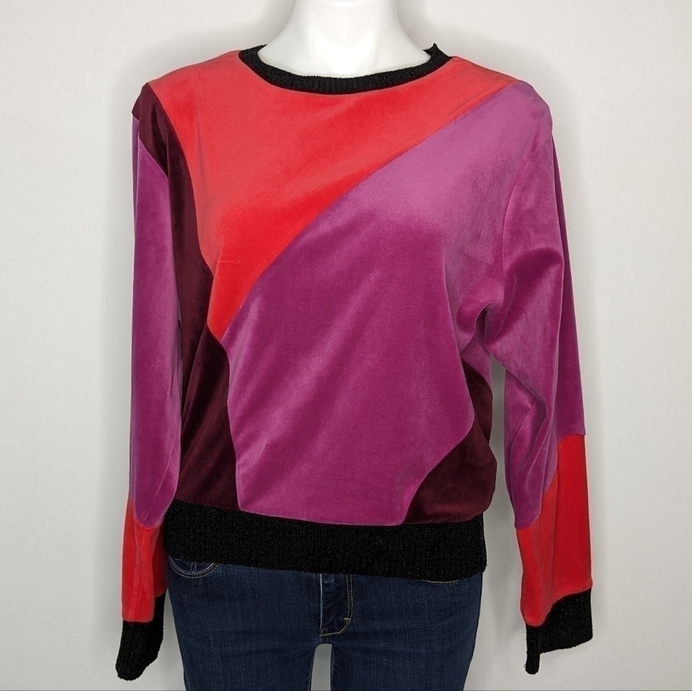 Splendid x Margherita red purple color block velvet fleece pullover sweatshirt M